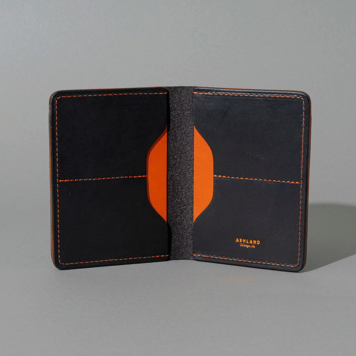 One-Off Fat Herbie in Black Dublin with Orange Accents, Two Hidden Card Slots, open, showing interior