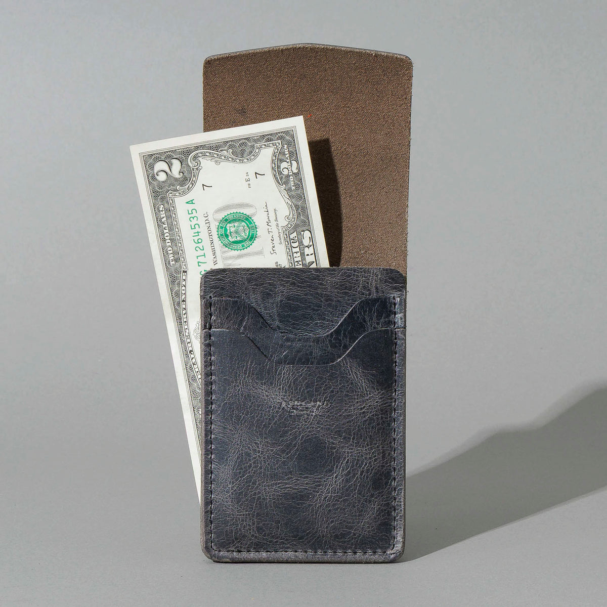 Lefty Lucky Wallet in Slate Vintage, open with cash and cards