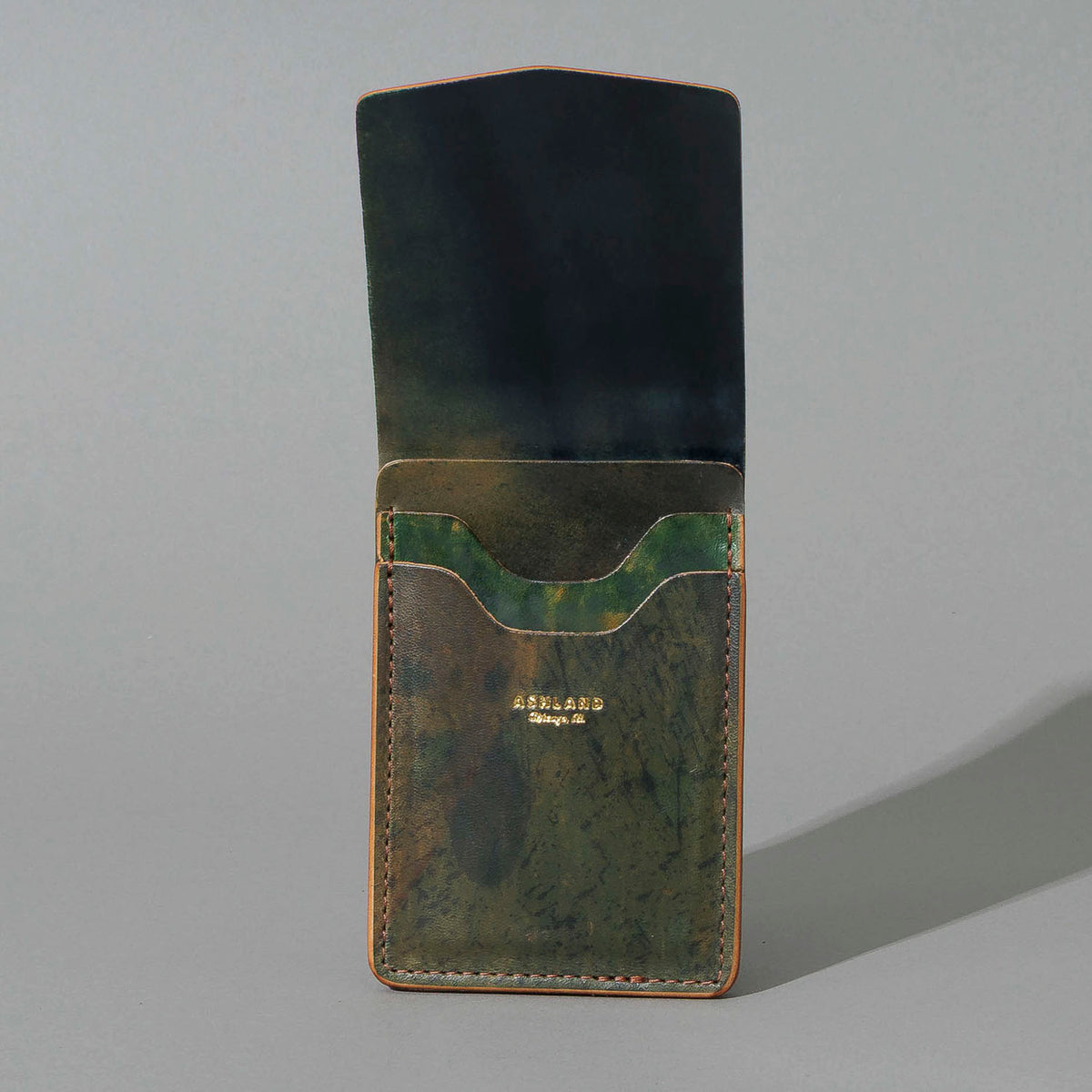 One-Off Lucky Wallet in Hand-Glazed Reverse Green Shell Cordovan, with flap open
