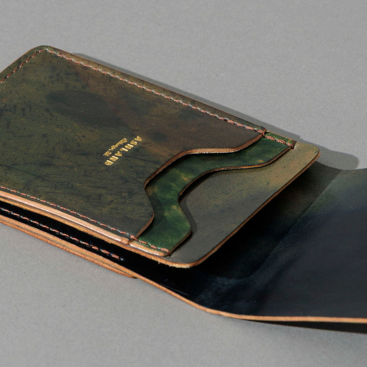One-Off Lucky Wallet in Hand-Glazed Reverse Green Shell Cordovan, close-up detail, shot 2