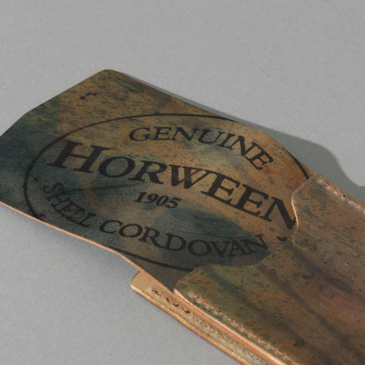 One-Off Lucky Wallet in Hand-Glazed Reverse Green Shell Cordovan, close-up detail, shot 1