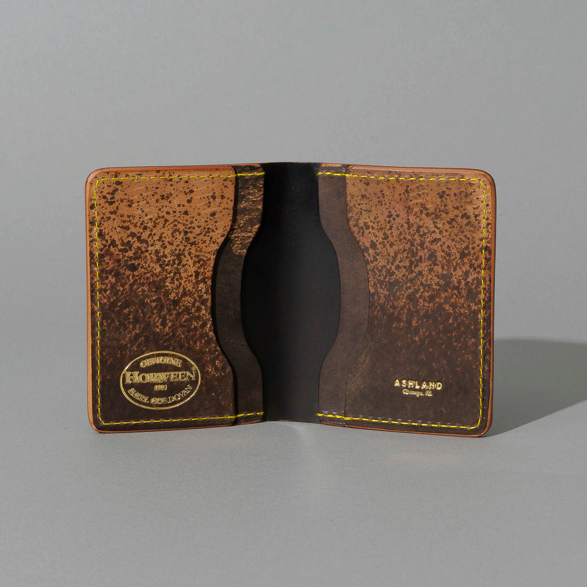 One-Off Bugs Moran in Epic Splatter Reverse Cigar Shell Cordovan, Yellow Thread, open, showing interior, shot 1