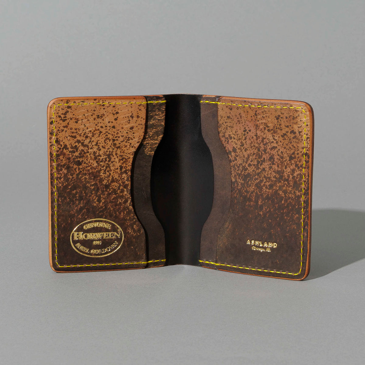 One-Off Bugs Moran in Epic Splatter Reverse Cigar Shell Cordovan, Yellow Thread, open, showing interior, shot 2