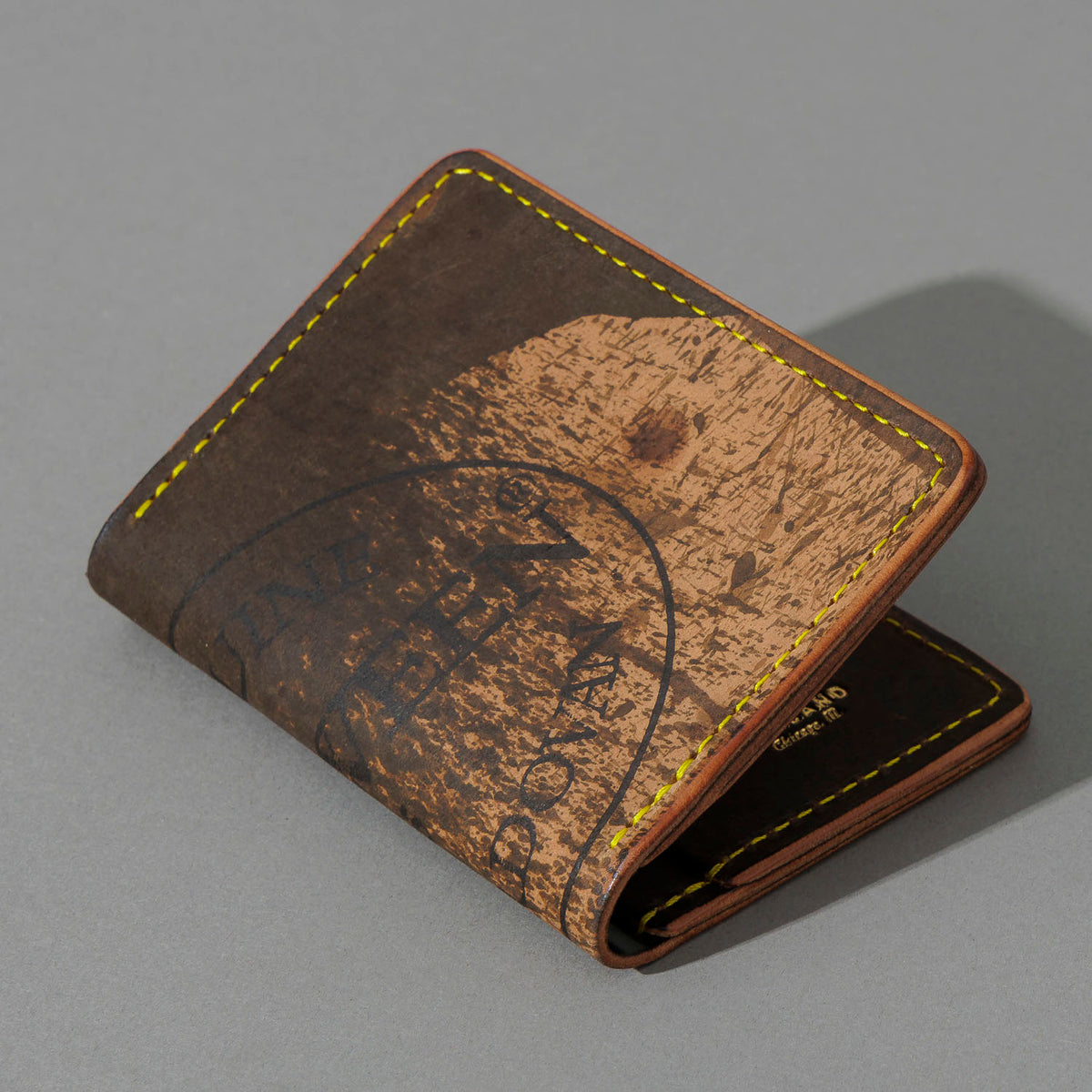 One-Off Bugs Moran in Epic Splatter Reverse Cigar Shell Cordovan, Yellow Thread, angled view lying flat, shot 2
