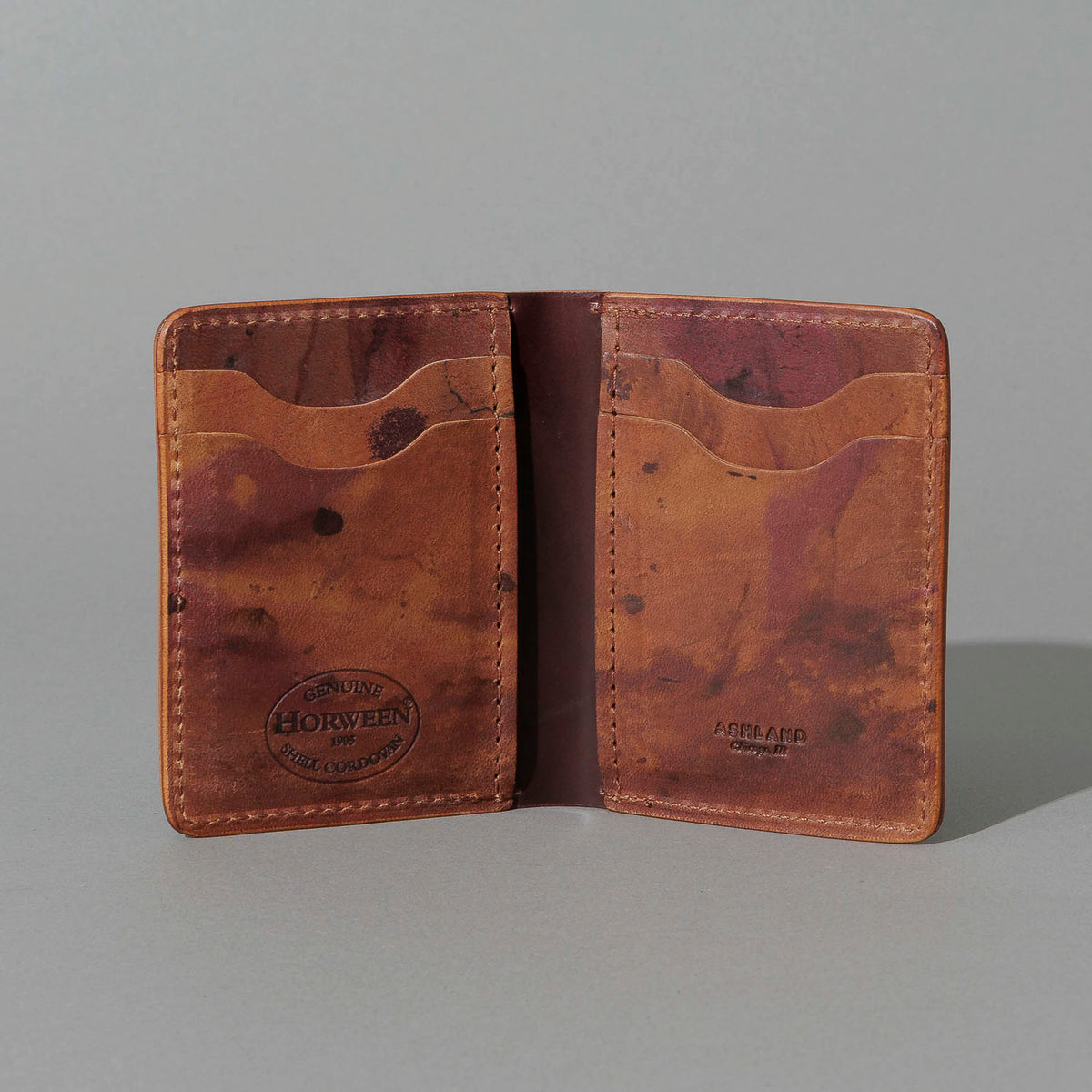 One-Off Vertical Bugs Moran in Hand-Glazed Reverse Color 8 Shell Cordovan, open, showing interior