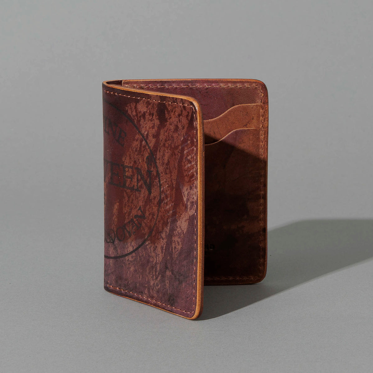 One-Off Vertical Bugs Moran in Hand-Glazed Reverse Color 8 Shell Cordovan, standing upright, side angle, shot 2
