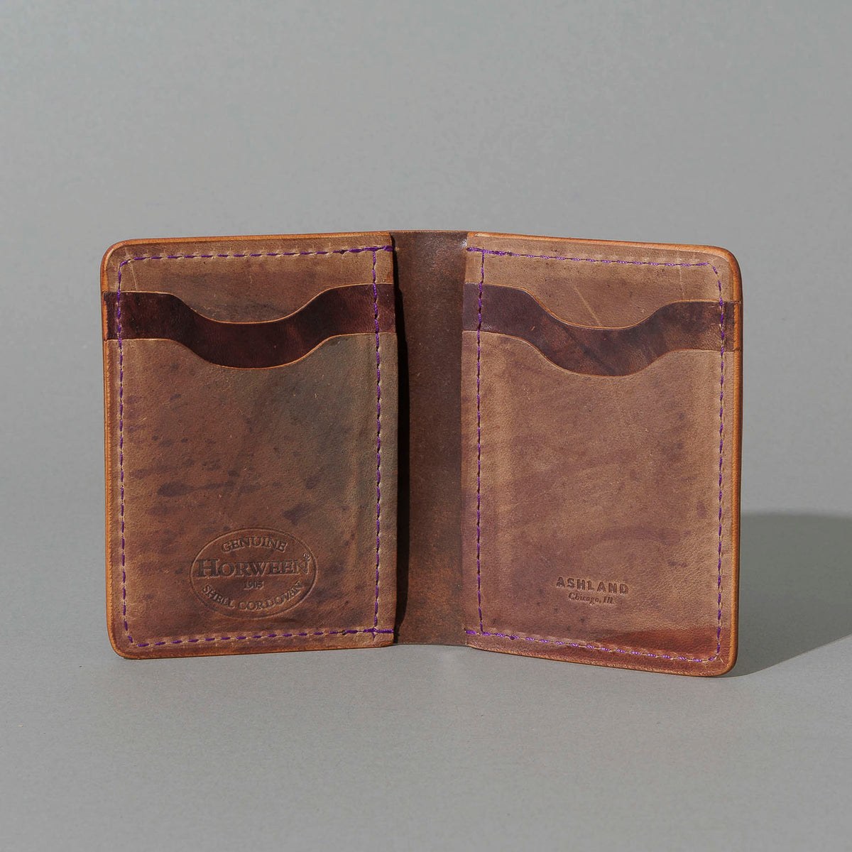 One-Off Vertical Bugs Moran in Epic Reverse Color 8 Shell Cordovan, Purple Thread, open, showing interior