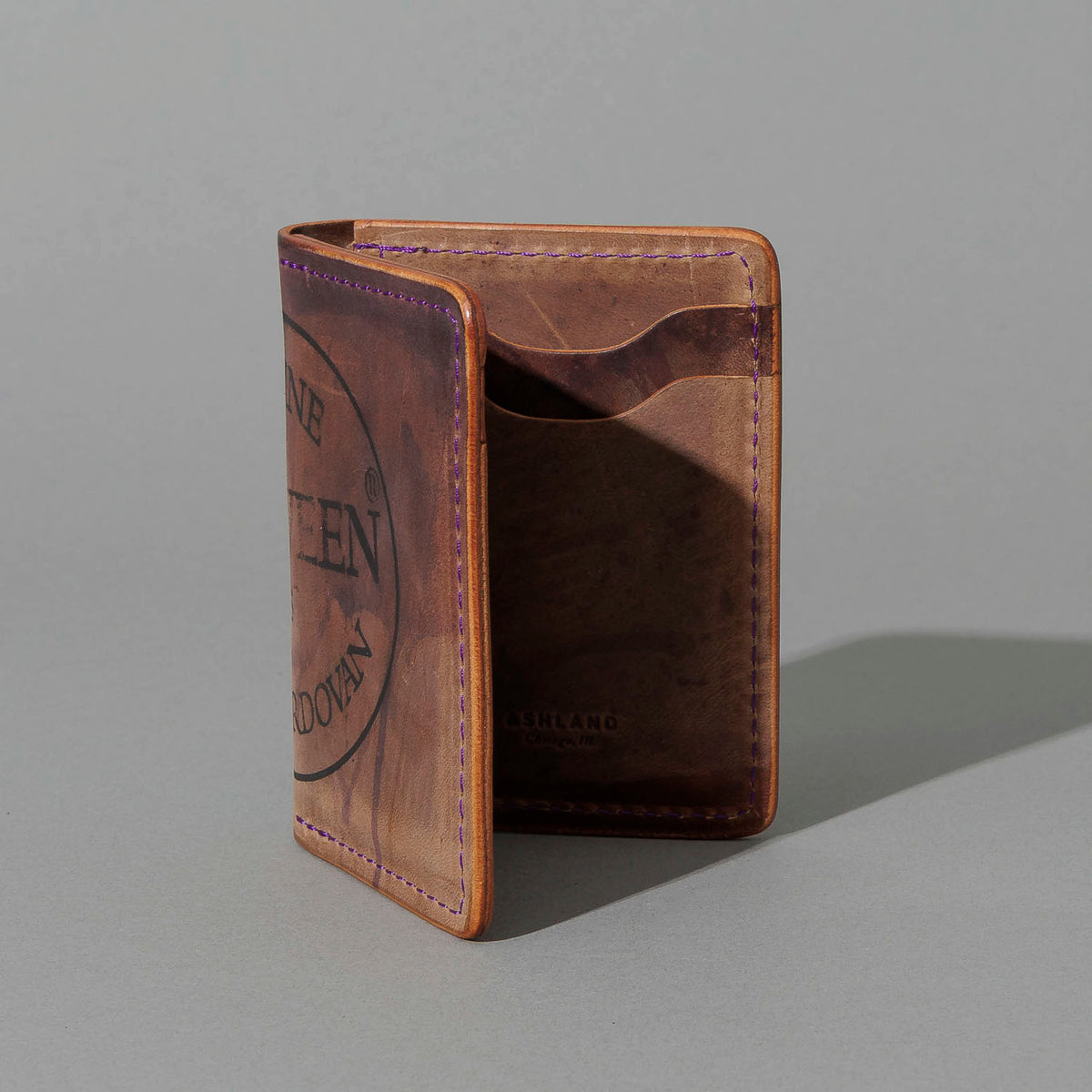 One-Off Vertical Bugs Moran in Epic Reverse Color 8 Shell Cordovan, Purple Thread, standing upright, side angle, shot 2