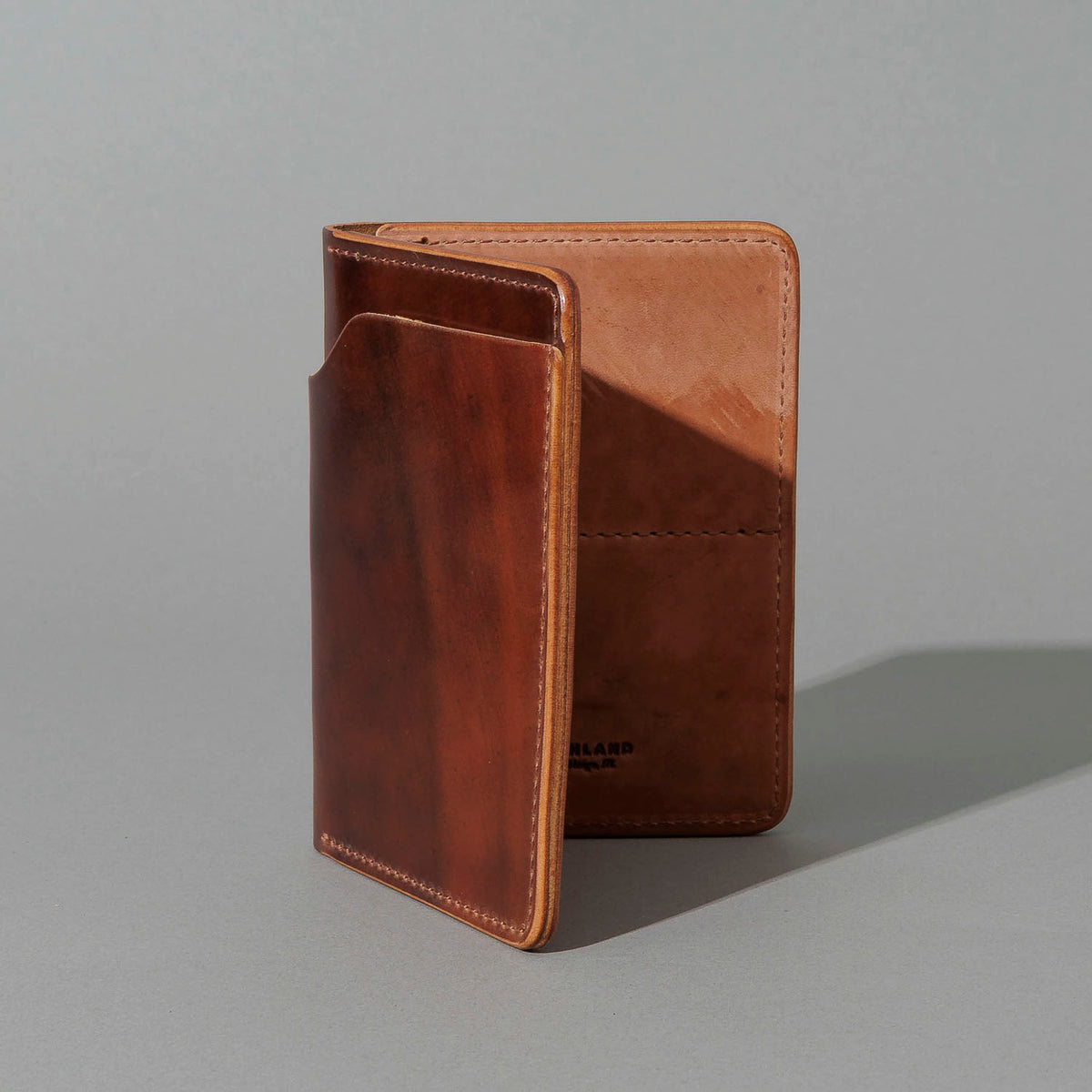 One-Off Fat Herbie in Marbled Color 8 Shell Cordovan with Reverse Interior, standing upright, side angle