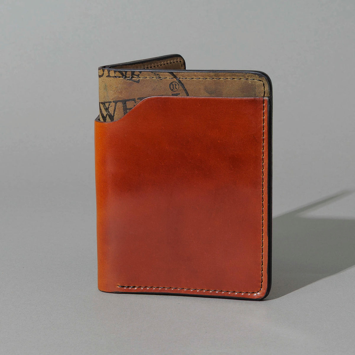 One-Off Fat Herbie in Amaretto on Reverse Shell Cordovan, Two Hidden Card Slots, front view