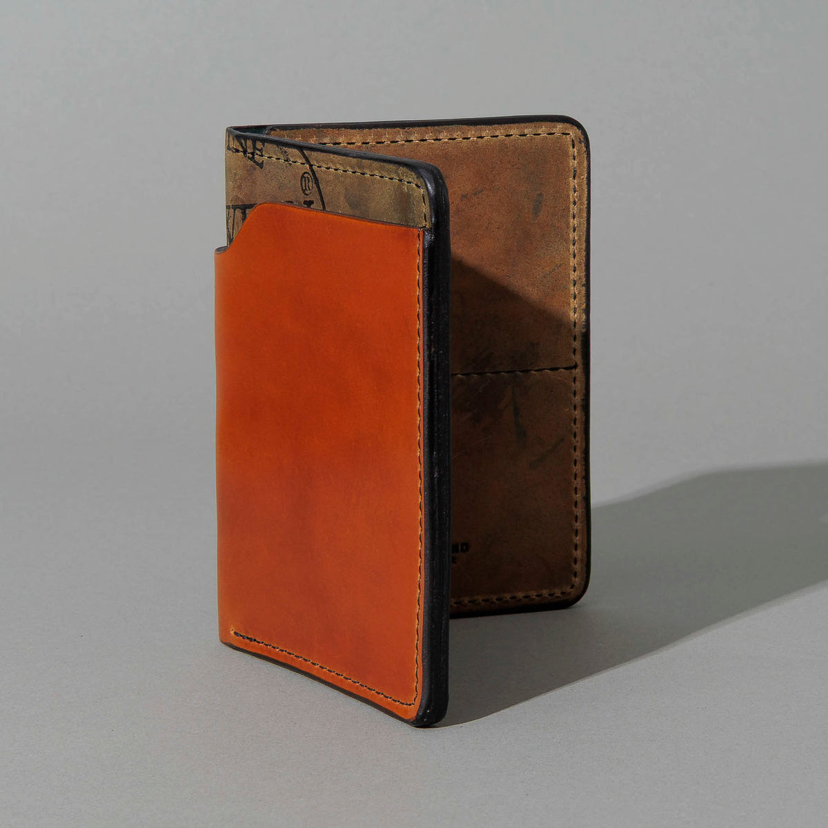 One-Off Fat Herbie in Amaretto on Reverse Shell Cordovan, Two Hidden Card Slots, standing upright, side angle