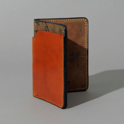 One-Off Fat Herbie in Amaretto on Reverse Shell Cordovan, Two Hidden Card Slots, standing upright, side angle