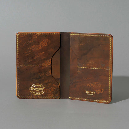 One-Off Traveler Passport Holder in Epic Splatter Reverse Cigar Shell Cordovan, No Bill Slot, open, showing interior