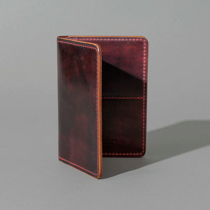 One-Off Traveler Passport Holder in Psychedelic Color 8 Shell Cordovan, No Bill Slot, standing upright, side angle