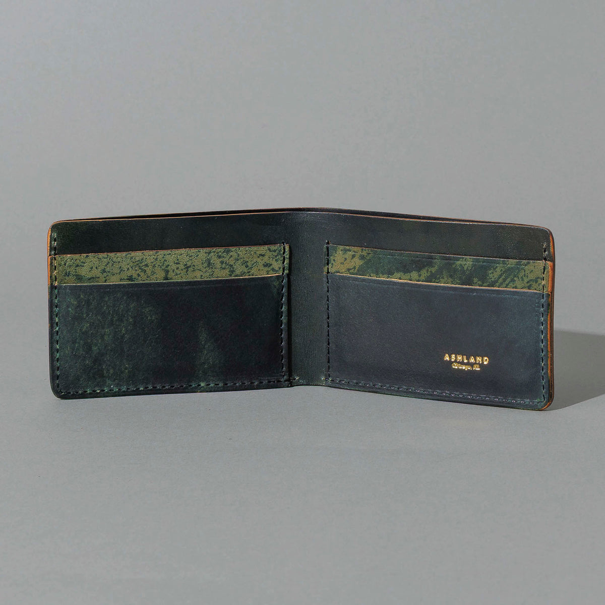 One-Off Nicky Slim in Hand-Glazed Epic Splatter Reverse Green Shell Cordovan, open, showing interior