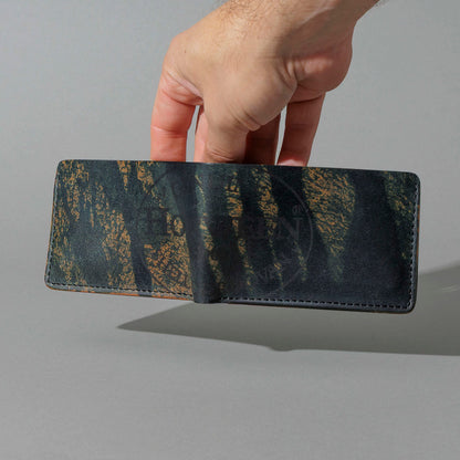 One-Off Nicky Slim in Hand-Glazed Epic Splatter Reverse Green Shell Cordovan, held open in hand, shot 1