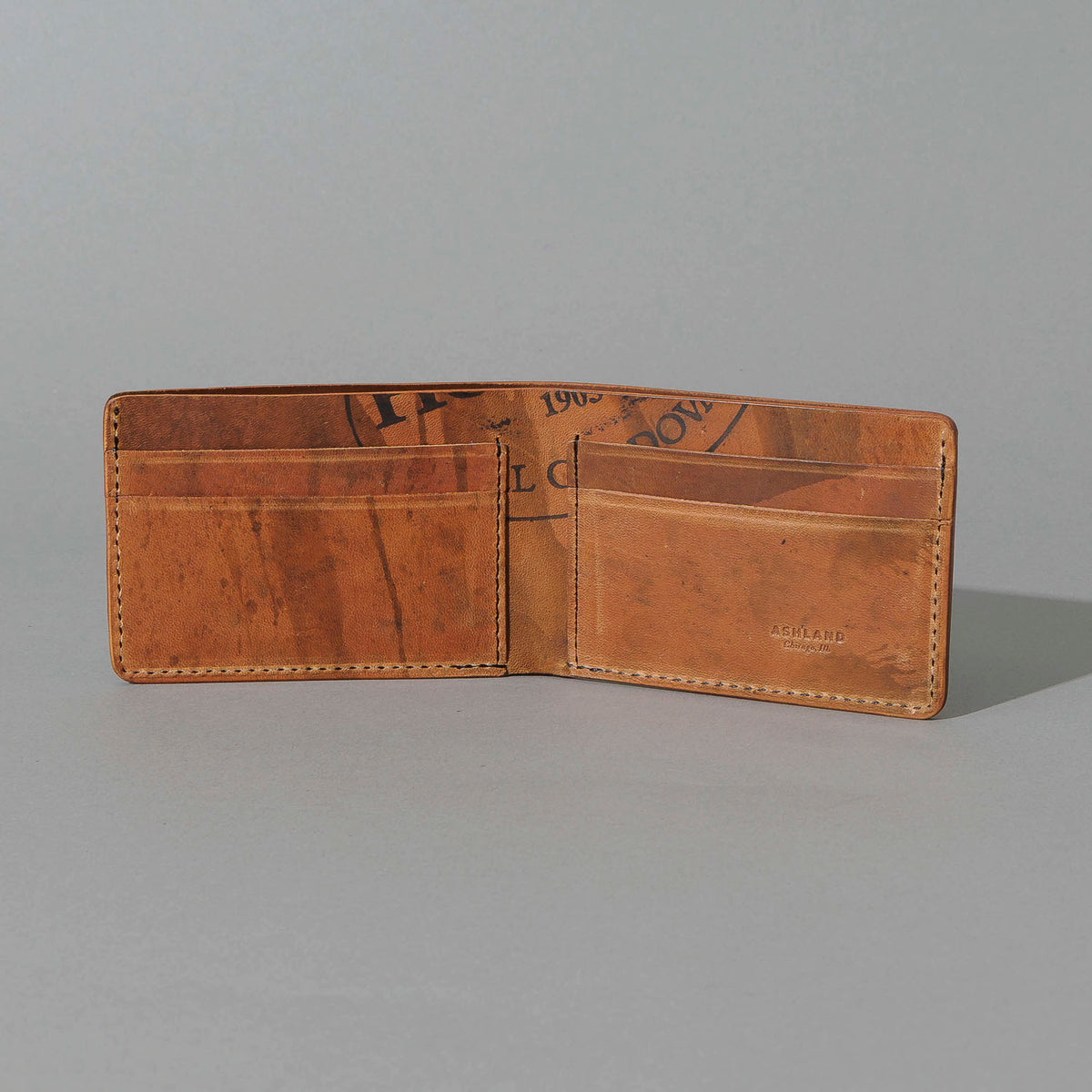 One-Off Nicky Slim in Hand-Glazed Reverse Epic Splatter Cigar Shell Cordovan, open, showing interior
