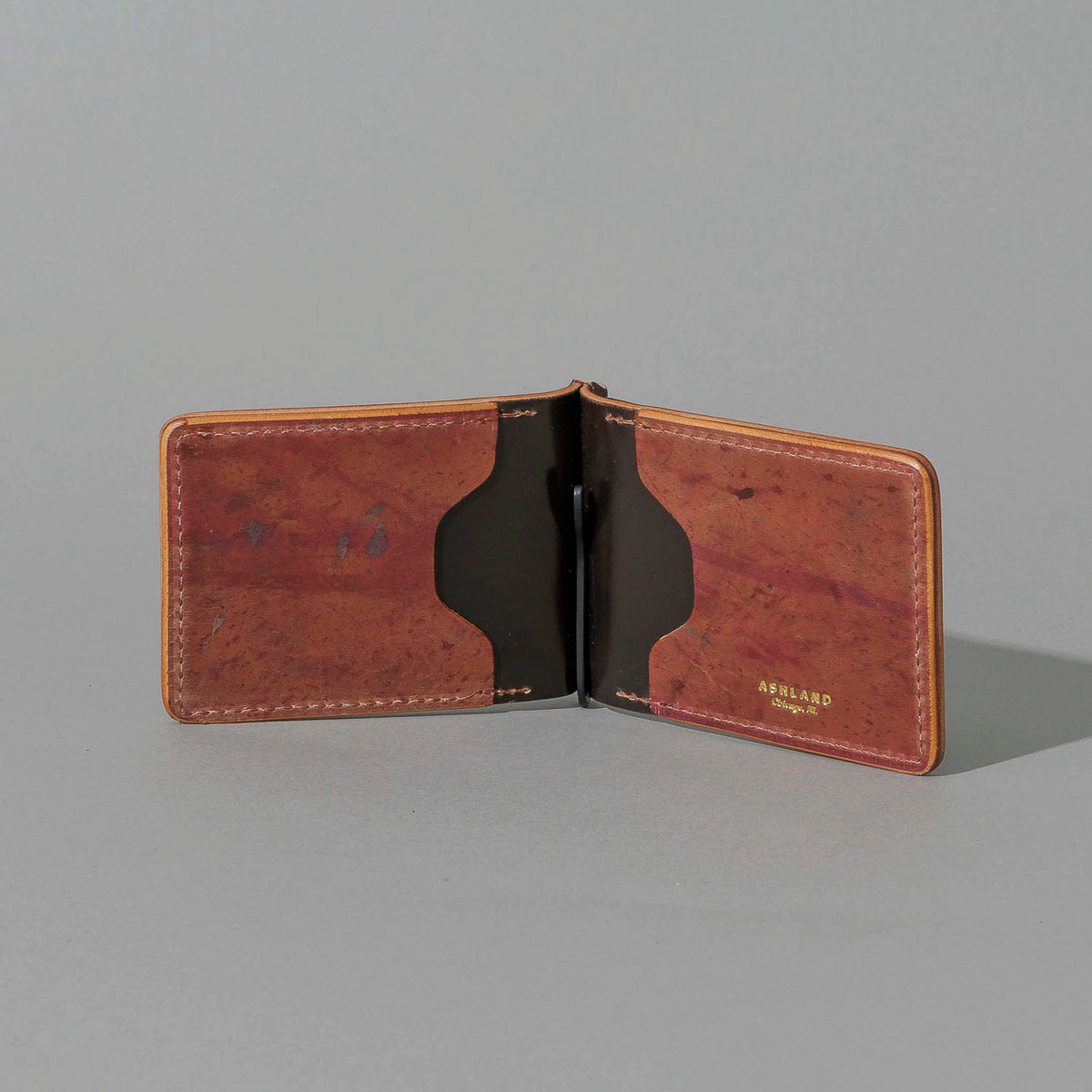 One-Off Capone Money Clip in Hand-Glazed Reverse Shell Cordovan, open, showing interior