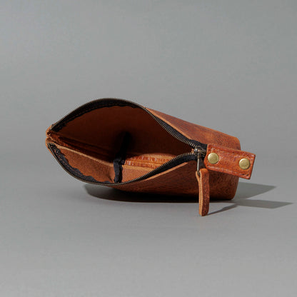 One-Off Prototype Pouch in Hammered Olive Tanned, unzipped, showing interior