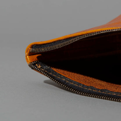 One-Off Prototype Pouch in Acorn Aspen Horsehide, unzipped, showing interior