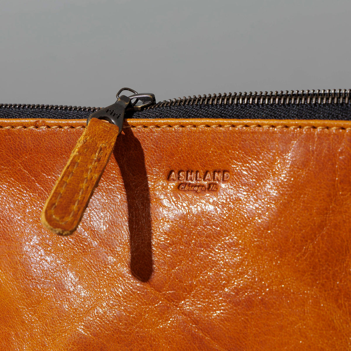 One-Off Prototype Pouch in Acorn Aspen Horsehide, close-up of the zipper, shot 1