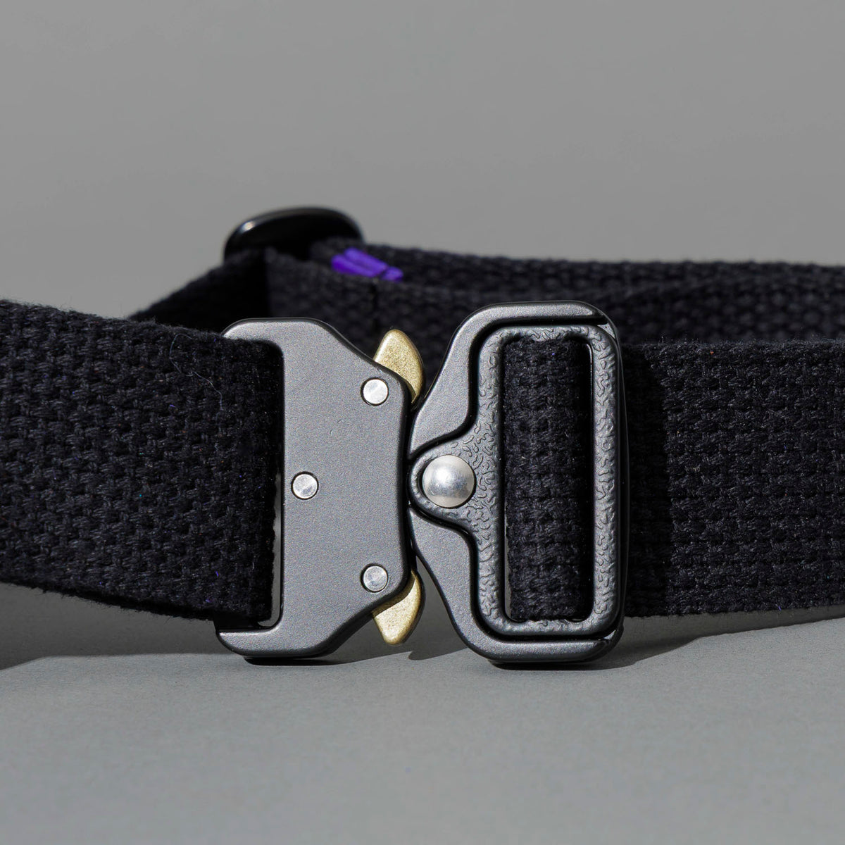One-Off Sling Bag in Violet Latigo, close-up of the metal buckle and strap