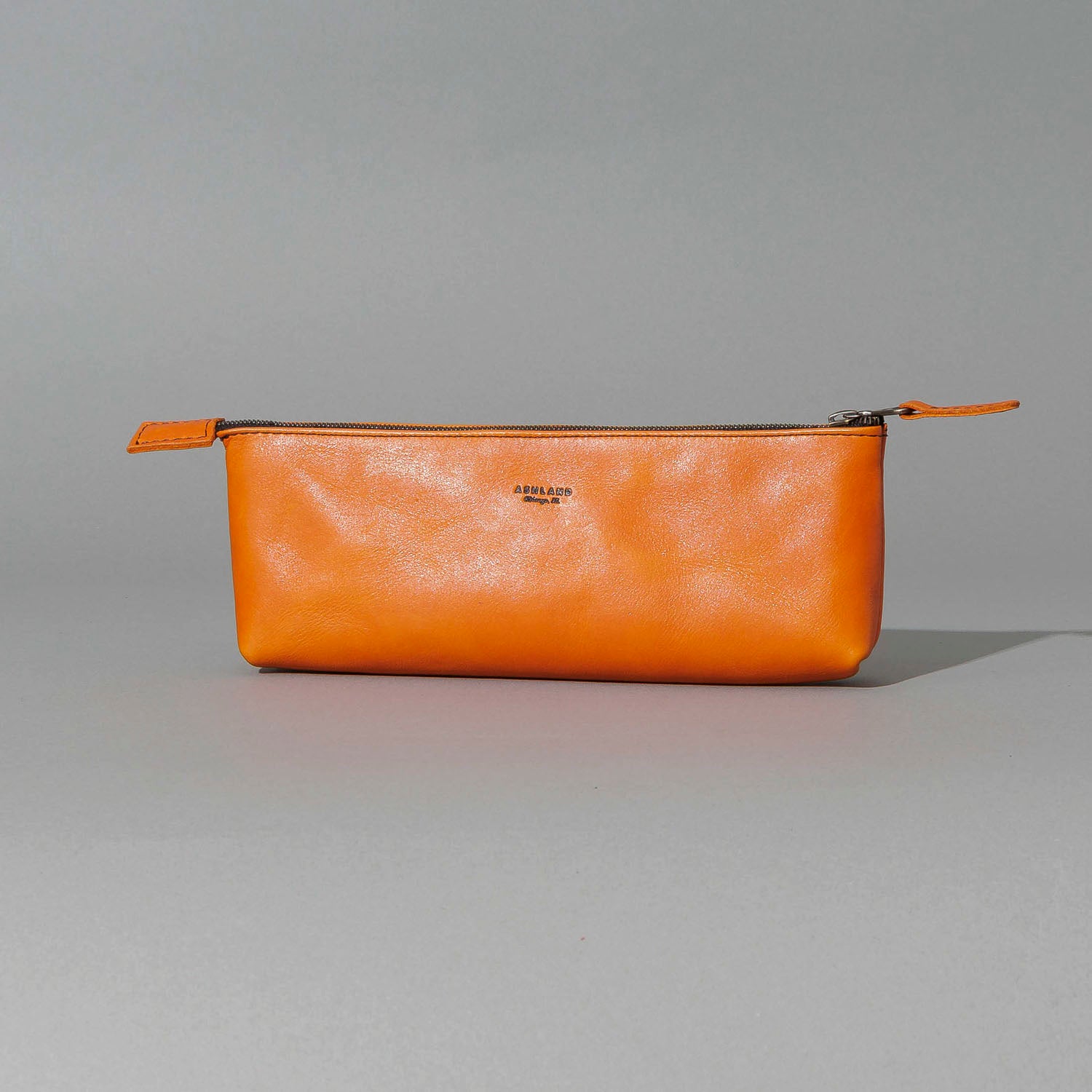 One-Off Zipper Pouch in Orange Latigo, Bat Embroidery, front view