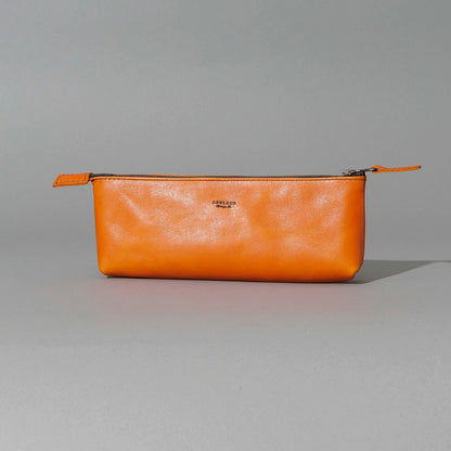 One-Off Zipper Pouch in Orange Latigo, Bat Embroidery, front view
