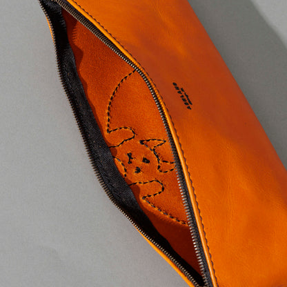 One-Off Zipper Pouch in Orange Latigo, Bat Embroidery, close-up detail, shot 1