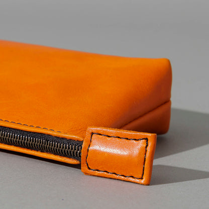 One-Off Zipper Pouch in Orange Latigo, Bat Embroidery, close-up of the zipper