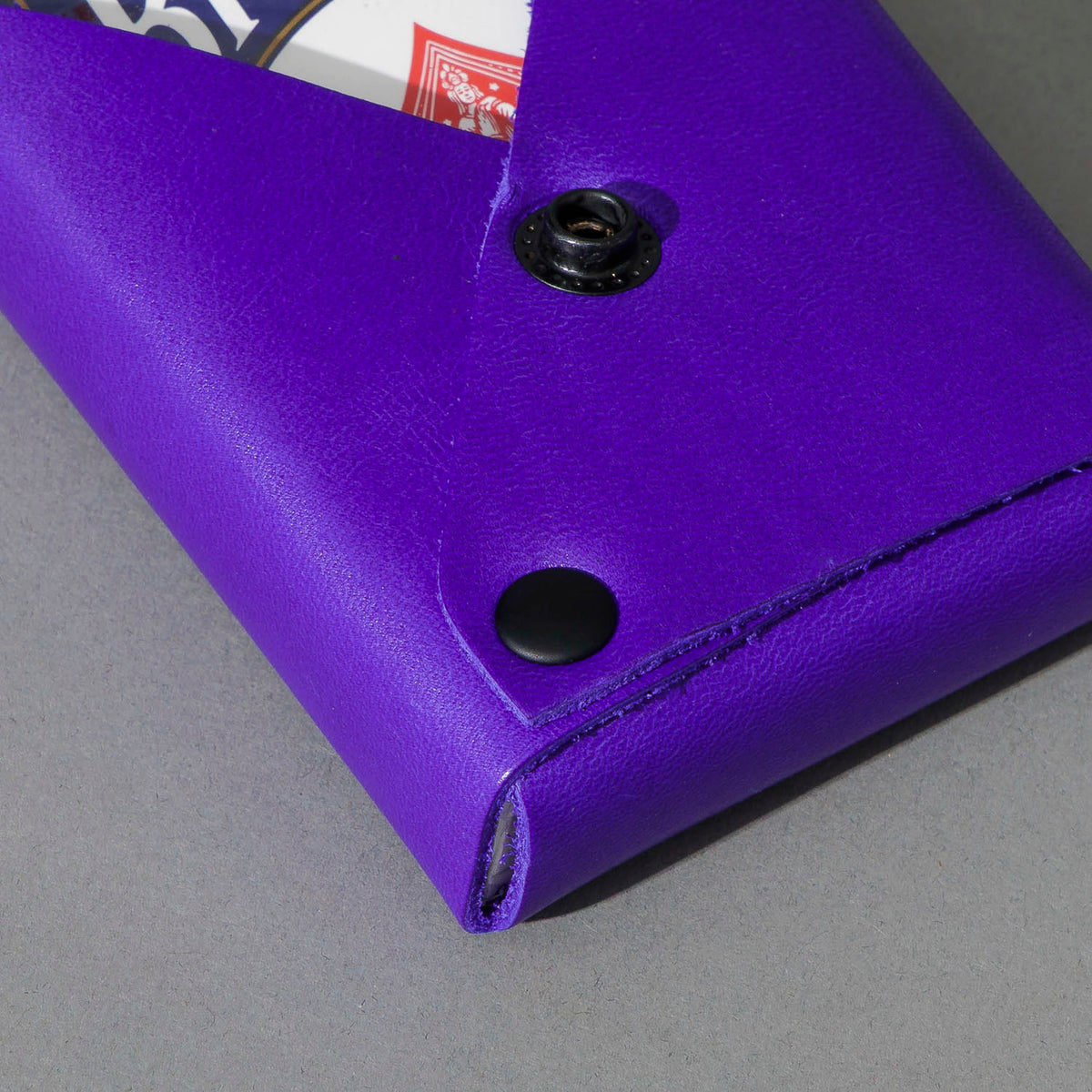 Leather Playing Card Case in Violet Latigo, close-up detail, shot 1