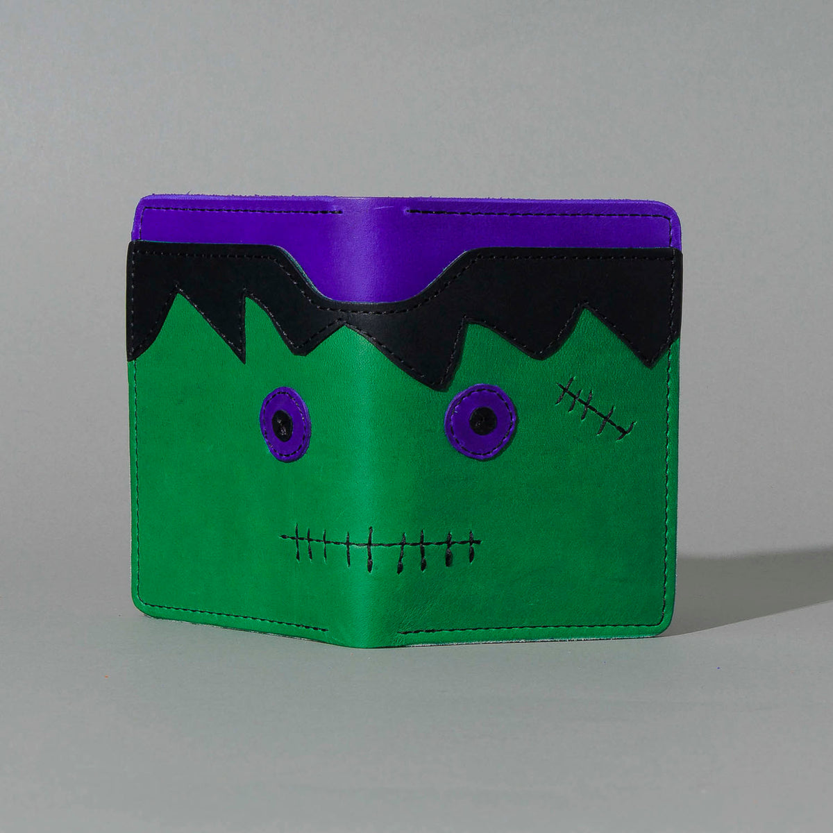 One-Off Fat Herbie in Green and Violet Latigo, Frankenstein Embroidery, front view, shot 2