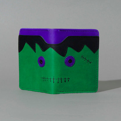 One-Off Fat Herbie in Green and Violet Latigo, Frankenstein Embroidery, front view, shot 2