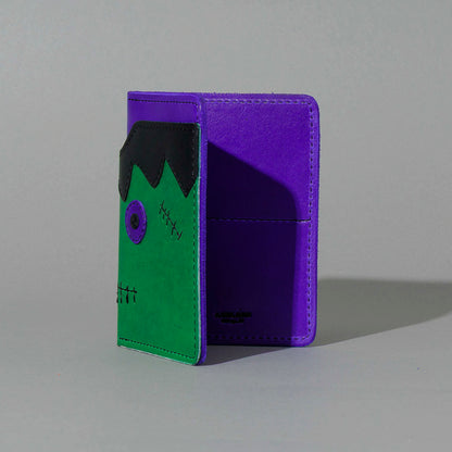 One-Off Fat Herbie in Green and Violet Latigo, Frankenstein Embroidery, standing upright, side angle, shot 1
