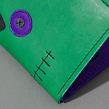 One-Off Fat Herbie in Green and Violet Latigo, Frankenstein Embroidery, close-up of the embroidery, shot 2