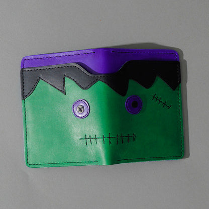 One-Off Fat Herbie in Green and Violet Latigo, Frankenstein Embroidery, front view, shot 1
