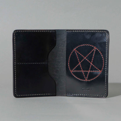 One-Off Traveler Passport Holder in Black Shell Cordovan with Red Pentagram Embroidery, open, showing interior, shot 2