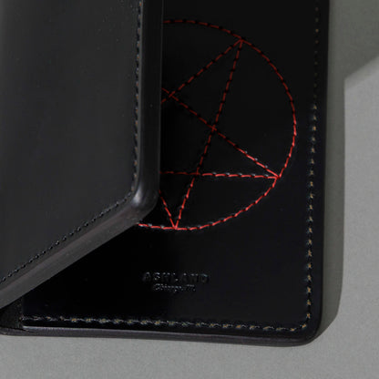 One-Off Traveler Passport Holder in Black Shell Cordovan with Red Pentagram Embroidery, close-up detail, shot 3