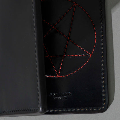 One-Off Traveler Passport Holder in Black Shell Cordovan with Red Pentagram Embroidery, close-up detail, shot 2