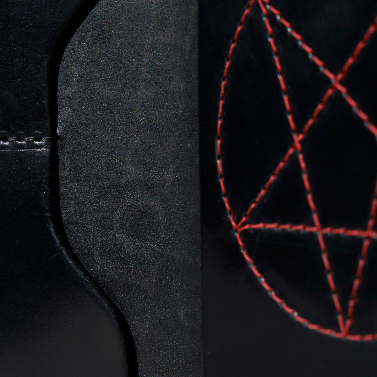 One-Off Traveler Passport Holder in Black Shell Cordovan with Red Pentagram Embroidery, close-up detail, shot 1