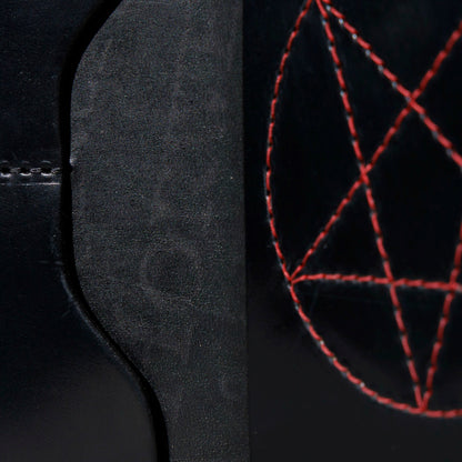 One-Off Traveler Passport Holder in Black Shell Cordovan with Red Pentagram Embroidery, close-up detail, shot 1