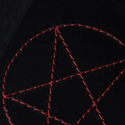 One-Off Traveler Passport Holder in Black Shell Cordovan with Red Pentagram Embroidery, close-up of the embroidery, shot 2