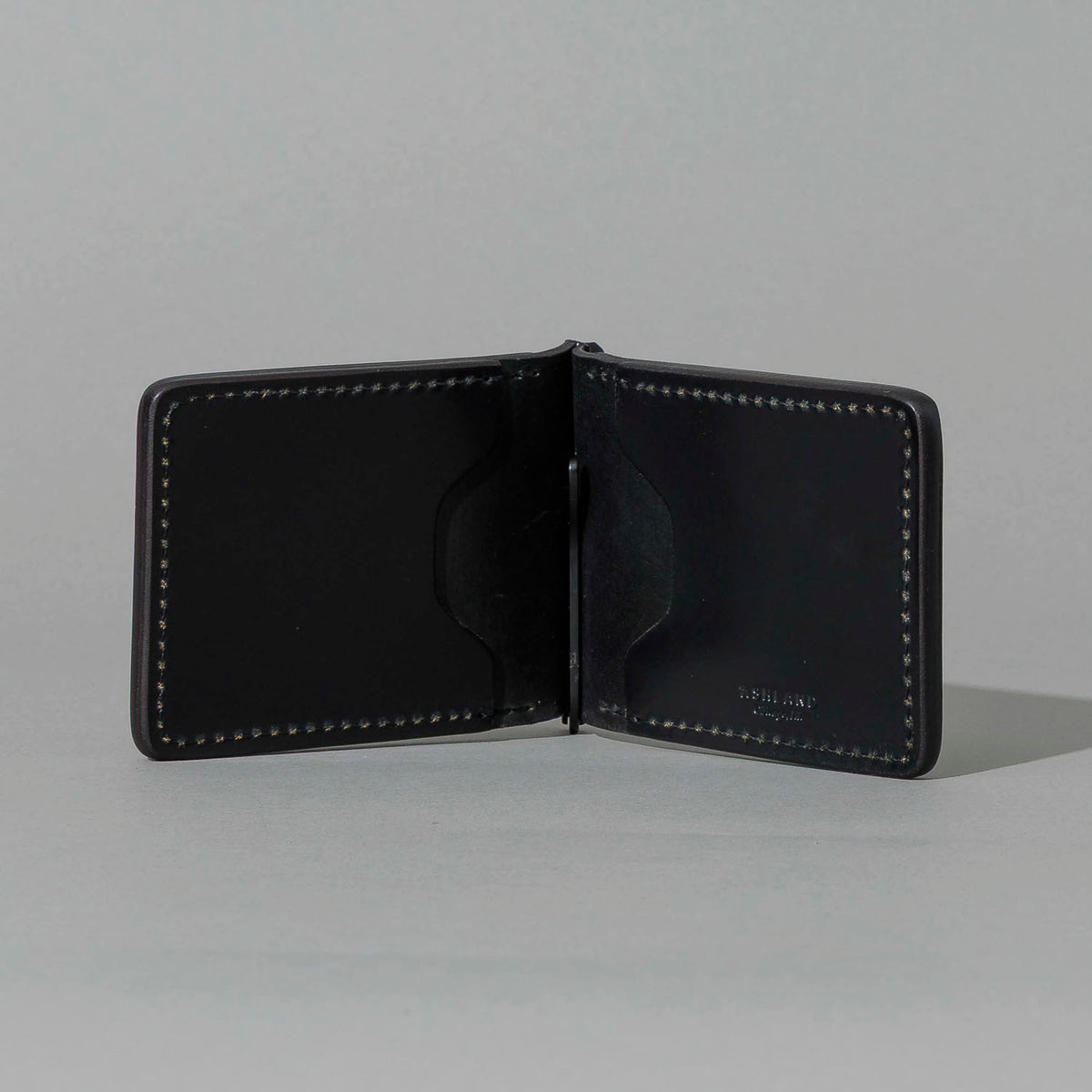 One-Off Capone Money Clip in Black Shell Cordovan with Red Pentagram Embroidery, open, showing interior, shot 2