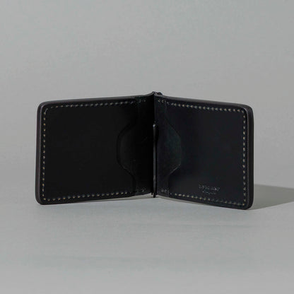 One-Off Capone Money Clip in Black Shell Cordovan with Red Pentagram Embroidery, open, showing interior, shot 2