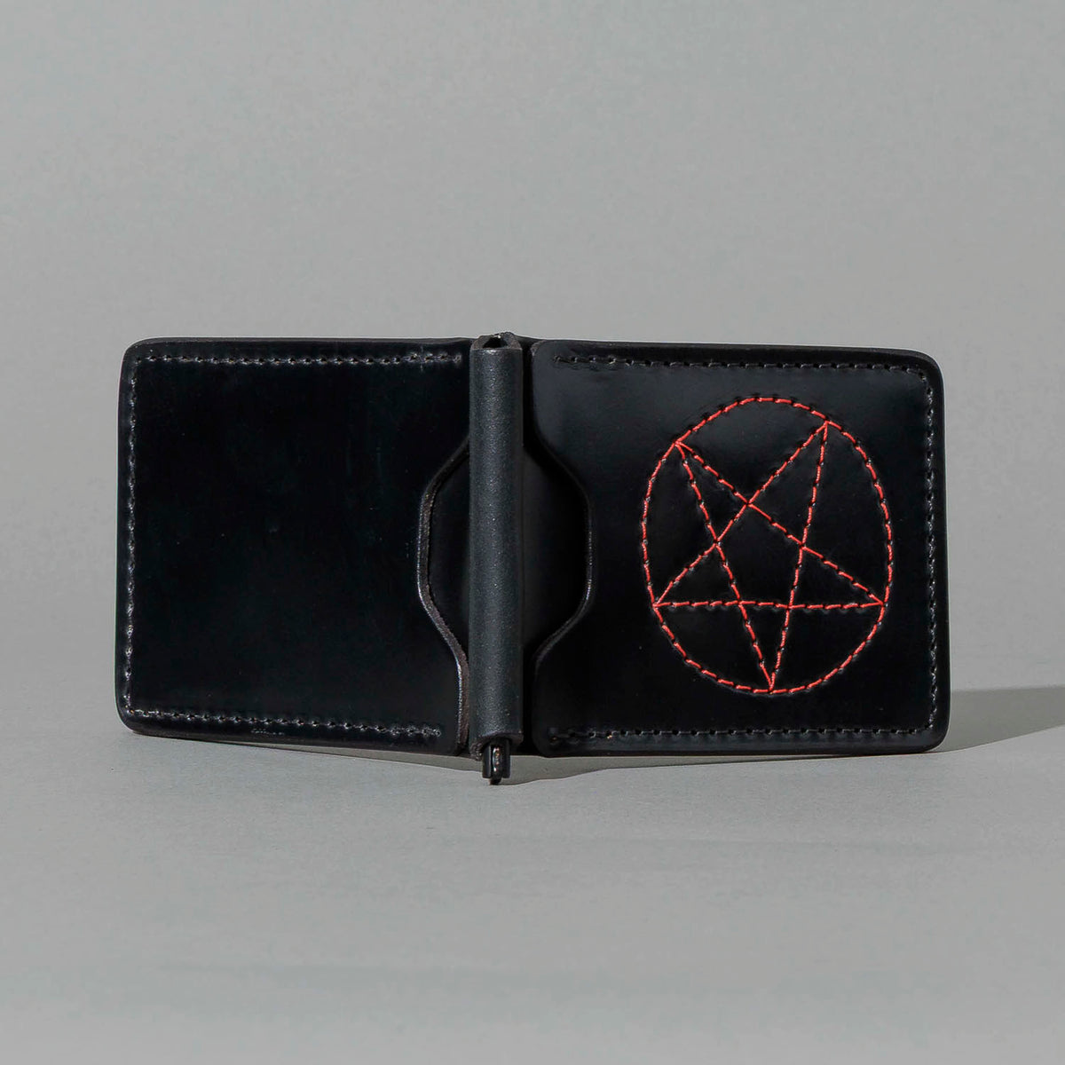 One-Off Capone Money Clip in Black Shell Cordovan with Red Pentagram Embroidery, open, showing interior, shot 3