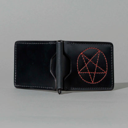 One-Off Capone Money Clip in Black Shell Cordovan with Red Pentagram Embroidery, open, showing interior, shot 3