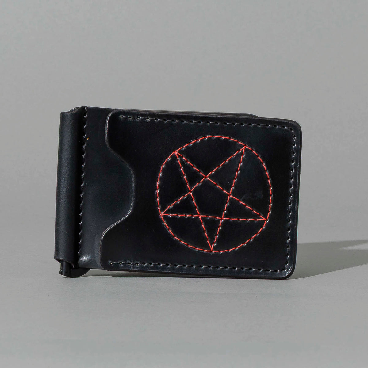 One-Off Capone Money Clip in Black Shell Cordovan with Red Pentagram Embroidery, front view