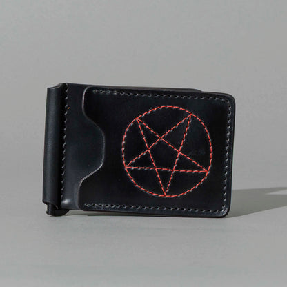 One-Off Capone Money Clip in Black Shell Cordovan with Red Pentagram Embroidery, front view