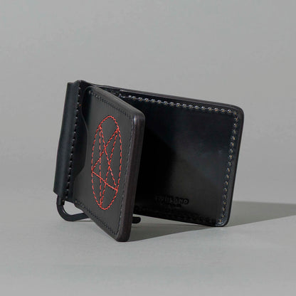 One-Off Capone Money Clip in Black Shell Cordovan with Red Pentagram Embroidery, side profile view