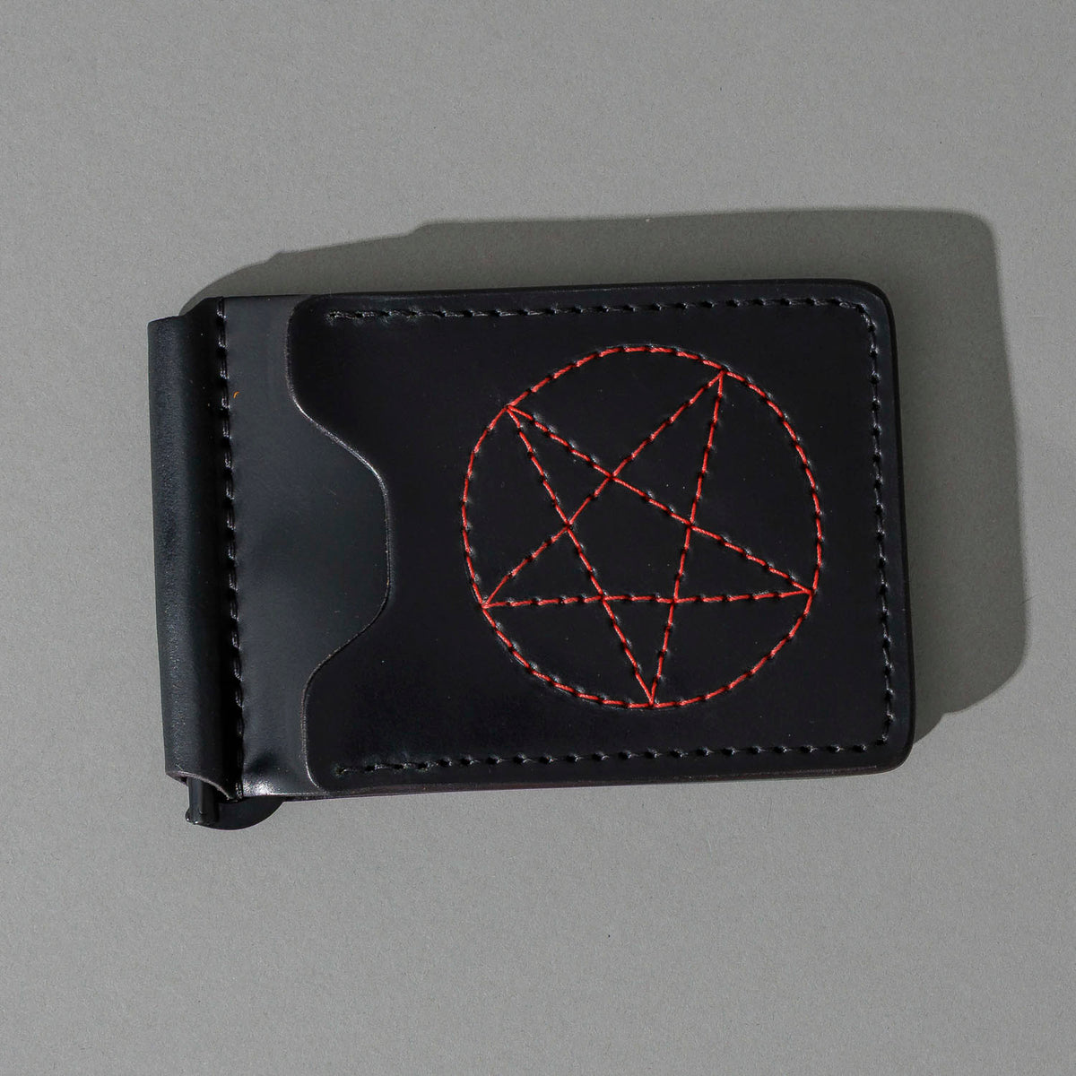 One-Off Capone Money Clip in Black Shell Cordovan with Red Pentagram Embroidery, open, showing interior, shot 1